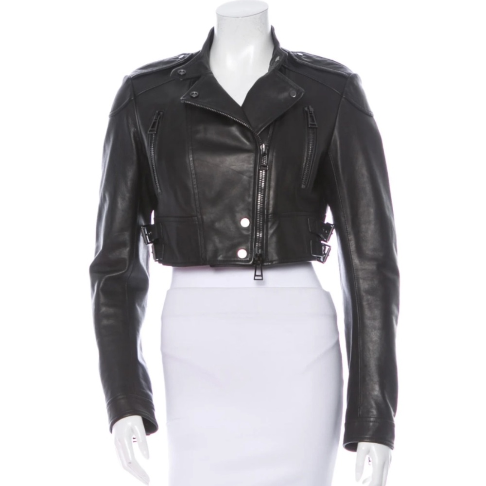 Black Belstaff Cropped Leather Motorcycle Biker Jacket Size: S silver hardware